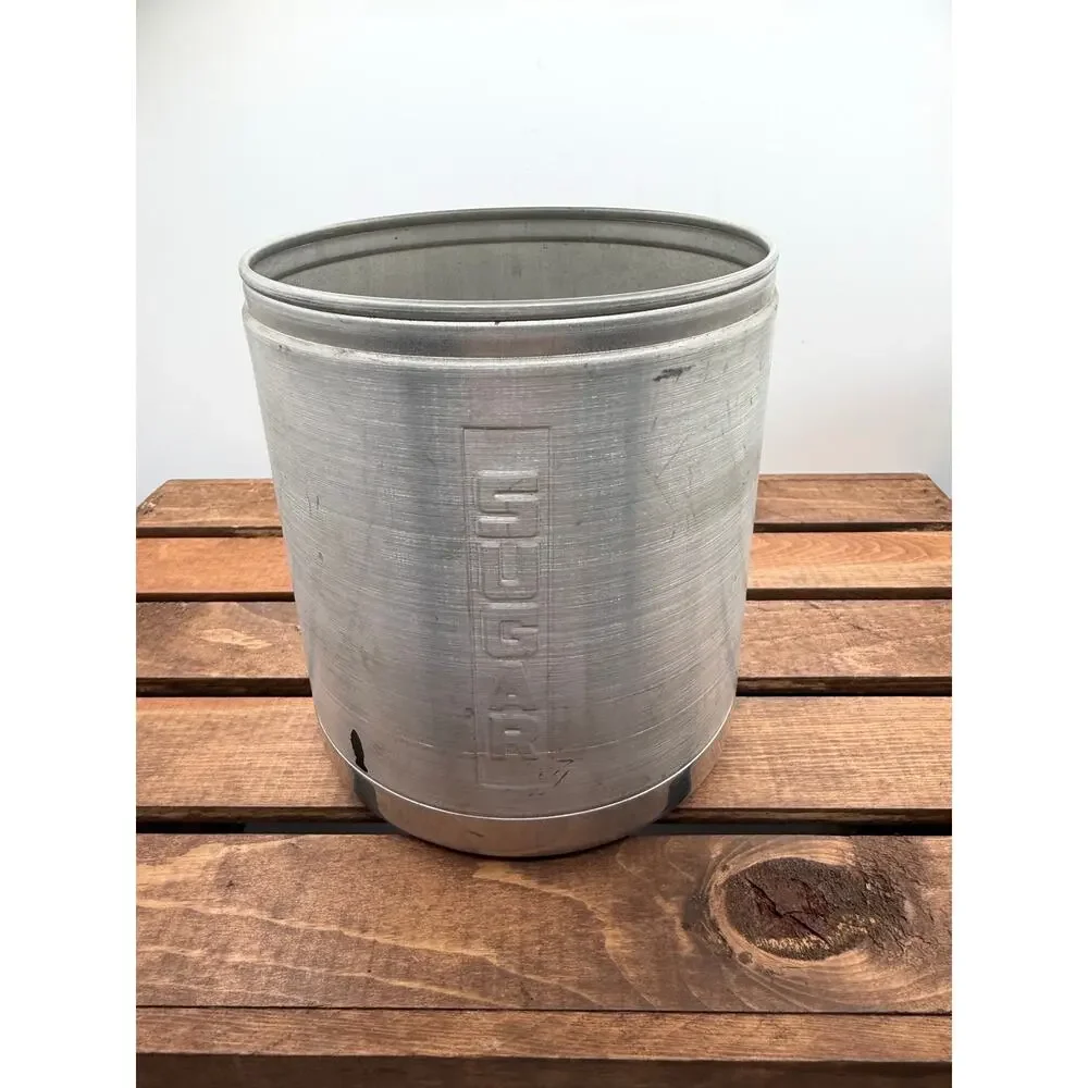 Vintage MCM Spun Aluminum Kitchen Canister Set-Sugar Coffee Tea-Black Lids 1950s